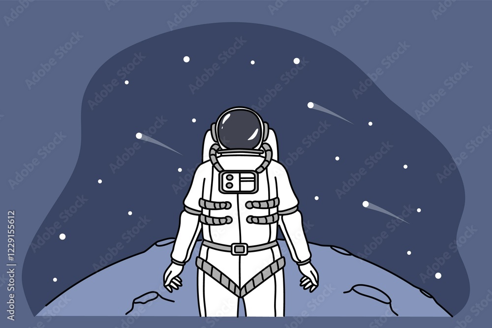 Poster astronaut in spacesuit explore planet in universe look in space full of stars. cosmonaut or spaceman