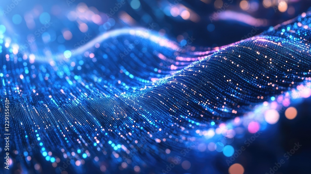 Poster abstract digital waves of glowing blue particles creating a mesmerizing visual illusion of depth and