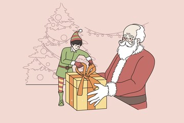 Little elf help smiling Santa Claus pack New Year presents for children. Small happy helper and father Christmas prepare gifts surprises for kids on winter holiday vacation. Vector illustration