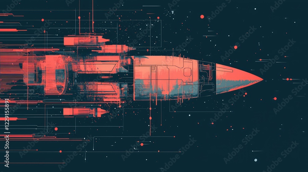 Poster futuristic rocket in motion with abstract digital elements