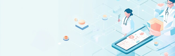 A banner featuring medical imagery like a stethoscope, doctors, and lab equipment with a hexagonal collage of photos for an online platform