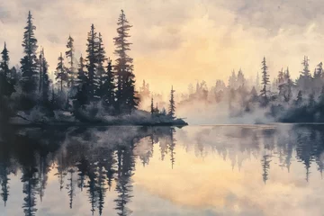 Misty Forest Lake Sunrise Watercolor Painting