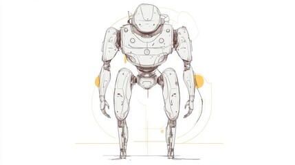 Sketch of a futuristic robot, standing, detailed design, mechanical, white, beige.
