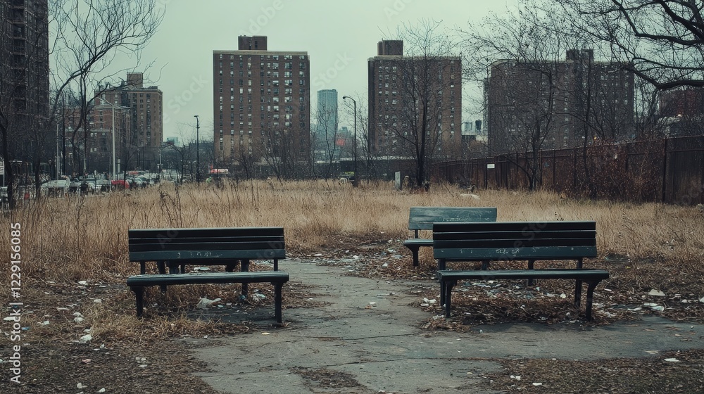 Poster two empty park benches sit in a field next to a city. the city is in the background, and the benches