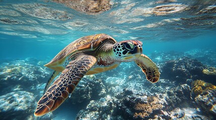 Fototapeta premium Underwater scene with a sea turtle navigating through plastic pollution, highlighting the urgent need for protecting marine life from harmful waste.