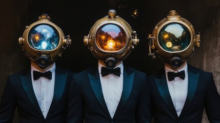 Stylish steampunk divers in formal attire urban setting fashion surreal design