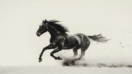 Fototapeta premium A black horse is running through the sand