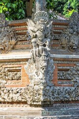 Pura Taman Ayun Temple, sculptures of the Bale basement, wood pavilion, Mengwi, Bali, Indonesia, Asia