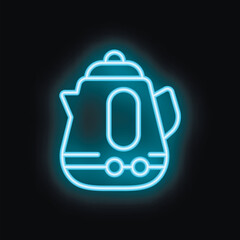 Blue neon sign of an electric kettle glowing on a black background
