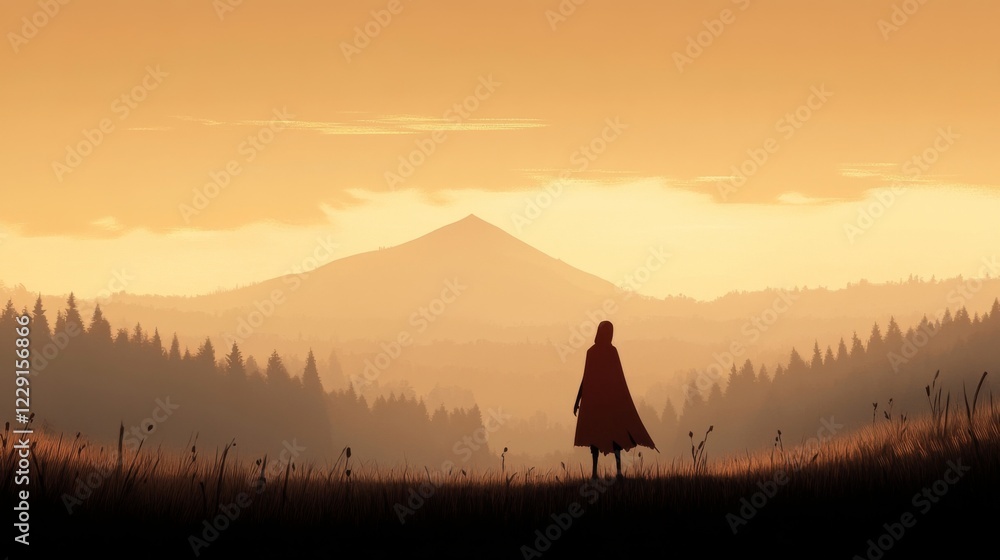 Poster solitary figure in red cloak stands in a field overlooking a hazy mountain range at sunset.