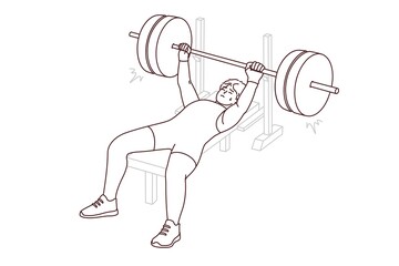Male athlete in sportswear lift barbell in gym. Man powerlifter training preparing for competition. Sport and workout. Vector illustration