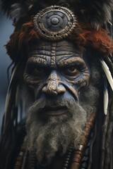 Portrait Papuan man with blue face painting, traditional red headdress, body jewellery, bead necklace, necklace, beard, feathers, indigenous people, Tribe, Wigmen, Asmat, AI generated