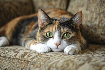 Cute three colored Calico Cat on couch. Generative AI, AI generated