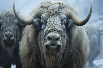 Naklejka premium Muskoxen in winter during snowstorm, AI generated