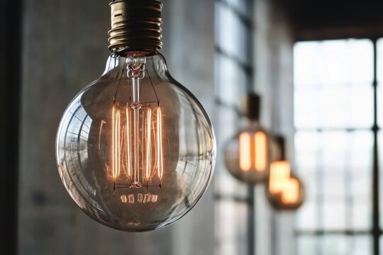 A close-up shot of a single light bulb hanging from a ceiling
