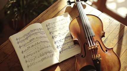 Naklejka premium Elegant Violin with Sheet Music on a Sunlit Wooden Table Surface