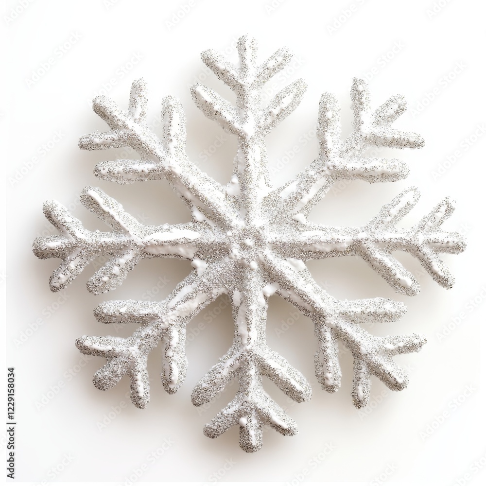 Poster a snowflake made of white and silver material. the snowflake is very detailed and has a lot of textu