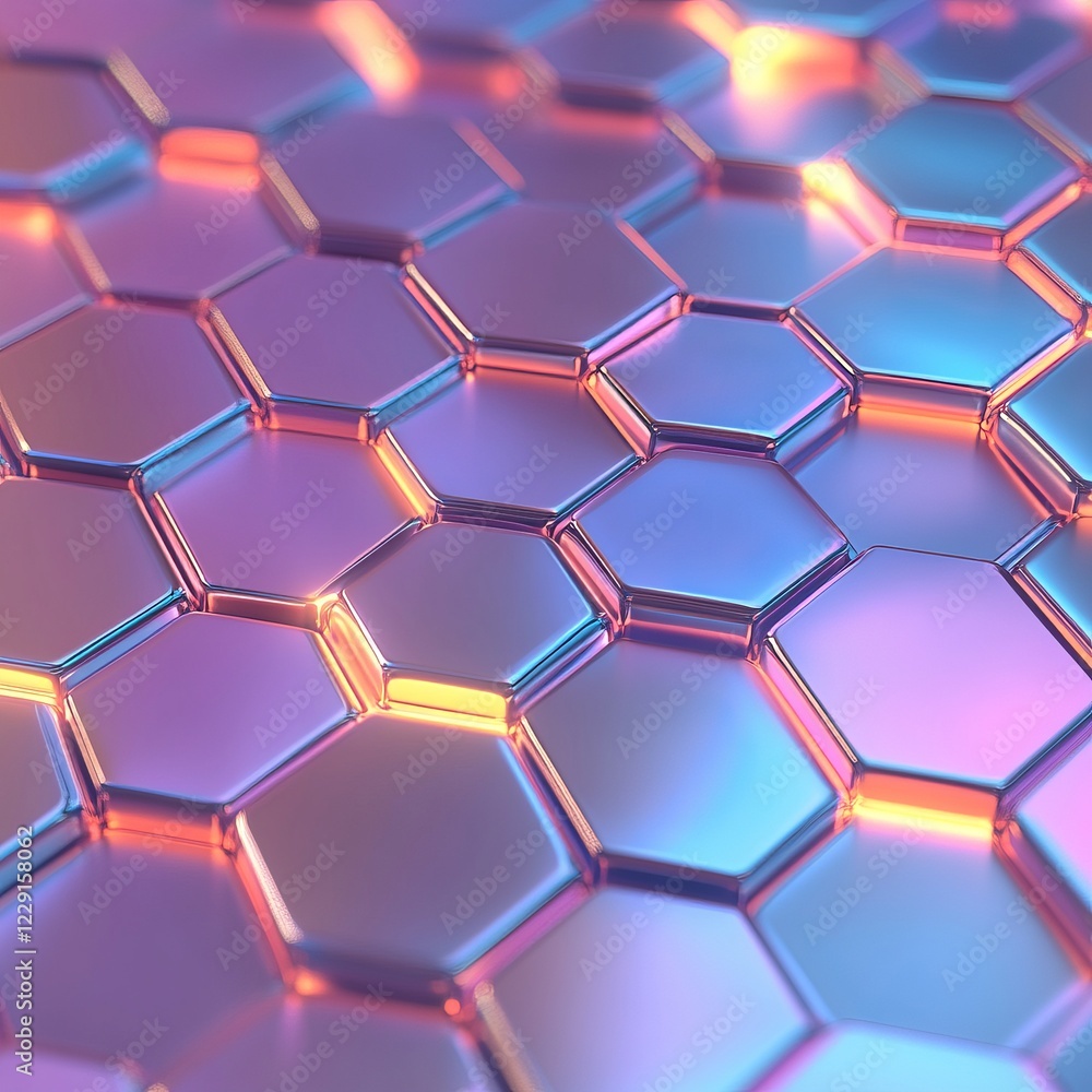 Poster abstract geometric background with colorful hexagonal pattern and reflective surfaces in soft pastel