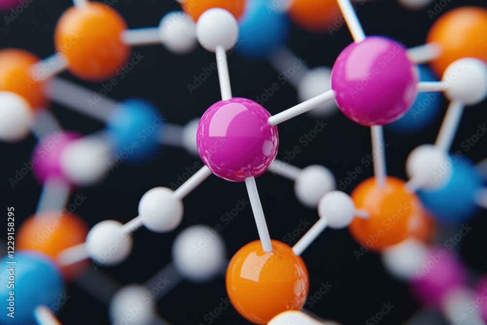 Poster exploring atoms and bonds in colorful molecular networks science lab