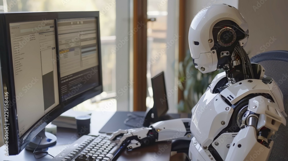 Aufkleber a robot at a desk in an office environment working on a dual-monitor computer setup, ai generated
