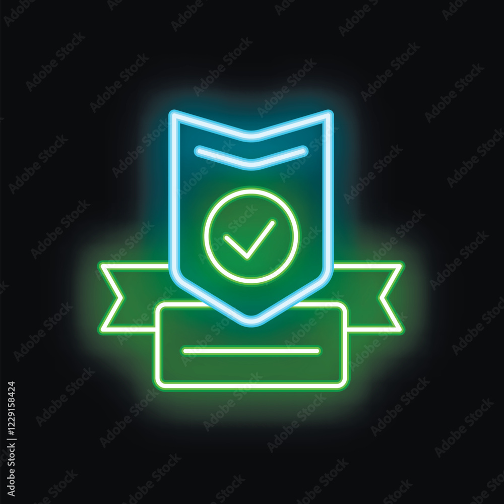 Poster glowing neon icon of shield with check mark and banner for text representing concept of validation