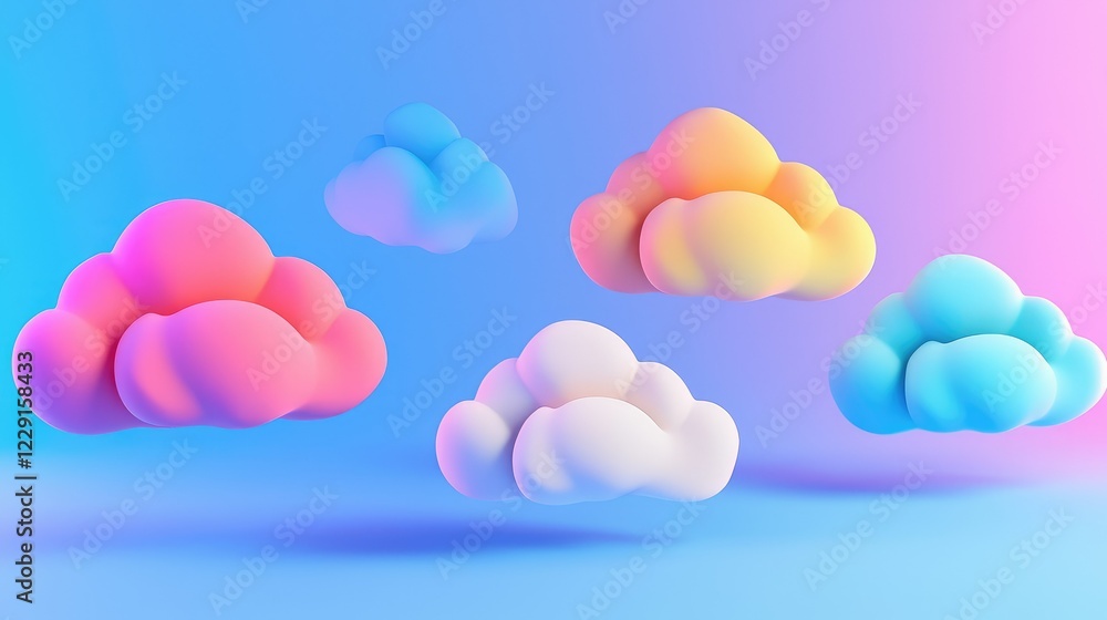 Poster colorful 3d clouds on soft gradient background for creative projects