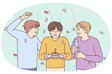 Smiling guys greeting friend with cake and balloons. Happy people celebrate birthday together. Party and celebration. Vector illustration