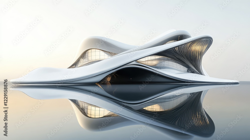 Poster abstract architectural design of a modern building featuring fluid shapes and smooth surfaces, refle