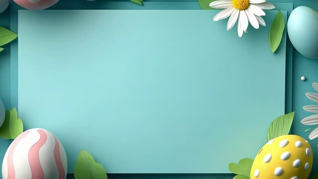 Colorful easter eggs and daisies on a teal background with blank card space. Happy Easter