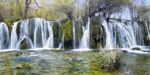 Arrow Bamboo Lake waterfalls, Jiuzhaigou National Park, Sichuan Province, China, Asia