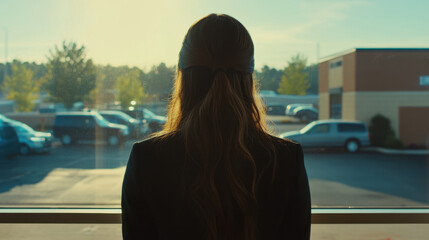 woman gazes out of window, reflecting on her surroundings in serene moment. soft sunlight creates warm atmosphere, enhancing contemplative mood