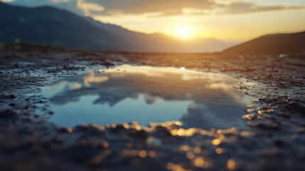 serene sunset reflection in shallow water, showcasing mountains and vibrant sky. tranquil scene evokes sense of peace and natural beauty