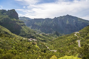 View of the village of Masca and the Barranco de Masca, Masca Gorge, Mountain Road, Parque Rural de Teno, Tenerife, Canary Islands, Spain, Europe