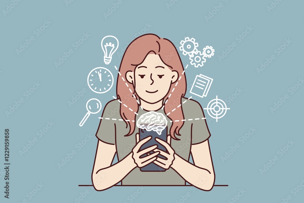 Poster woman with mobile phone uses artificial intelligence application to schedule or complete professiona
