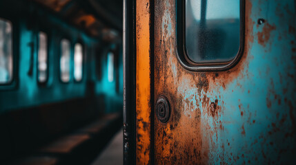 A close-up of a rusted train door, half open, with the dim, muted light from the outside casting long shadows on the cracked, splintering wood of the interior