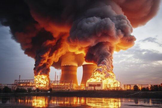 Super GAU, fire catastrophe in a nuclear power plant, rainy clouds of smoke, sea of flames, nuclear power plant, AI generated