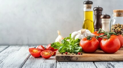 Culinary preparation fresh vegetables and olive oil wooden board kitchen still life cozy ambiance close-up healthy cooking