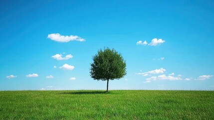 Obraz premium Solitary tree growing in lush green field under clear blue sky nature scene tranquil environment wide-angle view for serenity