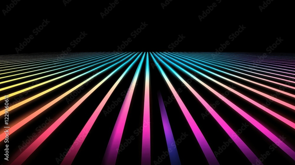 Poster vibrant abstract lines in rainbow colors on a dark background creating a dynamic and futuristic land