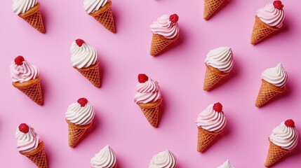 Colorful Ice Cream Cones with Whipped Cream and Raspberries on Pink