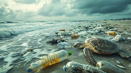A beach strewn with plastic bottles and debris, with sea creatures struggling to move through the pollution, symbolizing the urgent need for ocean cleanup.