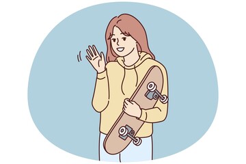 Portrait of smiling millennial girl with skateboard posing outdoors. Happy young woman with board enjoy sport activity. Skateboarder hobby. Vector illustration