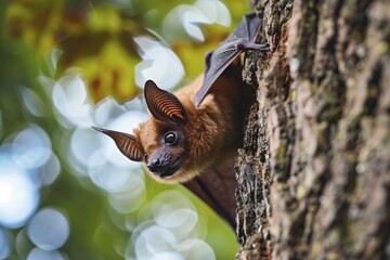Obraz premium Cute small bat sitting on tree. KI generiert, generiert, KI generiert, generiert, AI generated