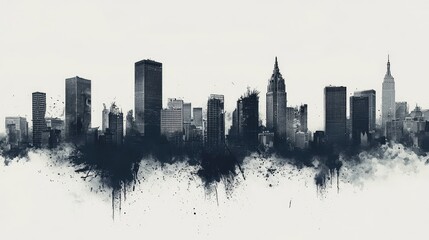 Fototapeta premium Black and White Urban Skyline with Artistic Ink Splash Effects
