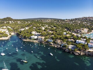 Aerial photo, view of the bay of Santa Ponca with sailing yachts, Majorca, Balearic Islands, Spain,...