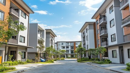 Obraz premium Modern Residential Complex with Clear Sky and Lush Greenery