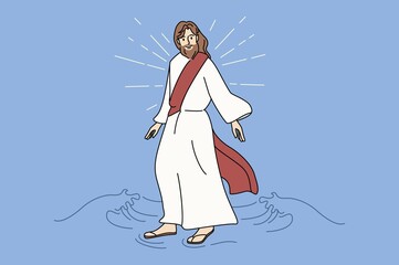 Jesus Christ walking water. Biblical story of messiah walks on water surface. Religion and faith. Christianity. Flat illustration
