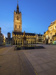 Belfry with cloth hall at Sint-Baafsplein, Twilight, Ghent, Flanders, Belgium, Europe
