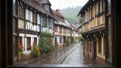 Fototapeta premium AI generated raindrops tracing paths down a large window with village with half timbered houses in background out of focus