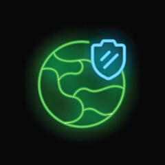 Neon icon of a shield protecting the earth, symbolizing global security and protection